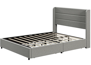 lot 5 image: HOMCOM Full Bed Frame with Storage Drawers, Full Size Bed Base with Headboard, Wood Slats, Noise-Free, Light Gray