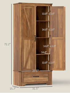 lot 65 image: HOMCOM 72 Farmhouse Pantry Cabinet with Adjustable Shelves, Kitchen Pantry Cabinet with 2 Doors, Brown