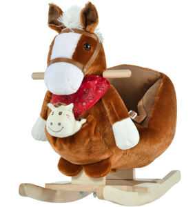 lot 221 image: Qaba Kids Ride-On Rocking Horse Toy, Rocker with Lullaby Song, Hand Puppets & Soft Plush Fabric for Children 18-36 Months, Brown