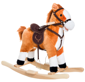 lot 222 image: Qaba Kids Plush Toy Rocking Horse, Wooden Ride-on Chair, Plush Animal Rocker with Realistic Sounds and Moving Tail for Toddlers, Brown