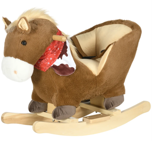 lot 223 image: Qaba Baby Rocking Horse, Riding Horse, Plush Animal Rocker with Realistic Sound, Pedals for Ages 18-36 Months, Brown