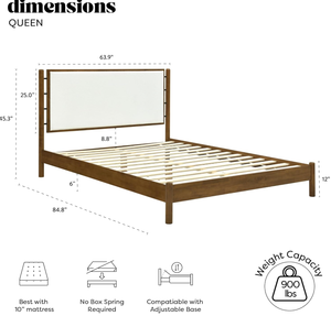 lot 8 image: DG Casa Queen Size Solid Wood Brown with Upholstered Boucle Headboard, Modern Bed Frame
