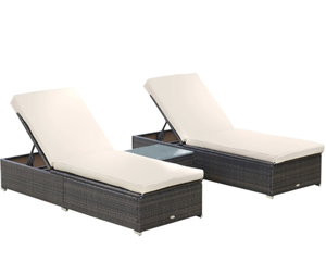 lot 9 image: Outsunny Outdoor Lounge Chairs Set of 2 with 5-Level Angles Adjust Backrest, Thick Cushions, & Matching Table, Patio Rattan Furniture Sets for Pool Side, Balcony, Beach, Yard, MixedBrown (Missing Part 1)