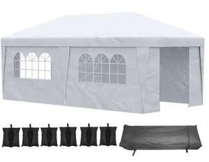 lot 73 image: Outsunny 10 x 19.5 Pop Up Canopy Tent Height Adjustable Event Shelter w Sidewalls, Leg Weight Bags, Wheeled Carry Bag, White