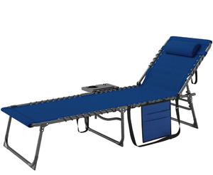 lot 226 image: Outsunny Folding Outdoor Chaise Lounge Chair Tanning Chair with 5-Level Adjustable Back, Side Table, Pillow, Pocket, Dark Blue