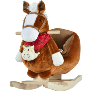 lot 232 image: Qaba Kids Ride-On Rocking Horse Toy, Rocker with Lullaby Song, Hand Puppets & Soft Plush Fabric for Children 18-36 Months, Brown