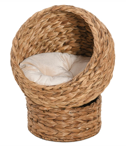 lot 235 image: PawHut Handwoven Elevated Cat Bed with Soft Cushion & Egg Chair Shape, Basket Bed Kitty House with Stand, Raised Wicker House for Indoor Cats, 23.5 H, Light Brown