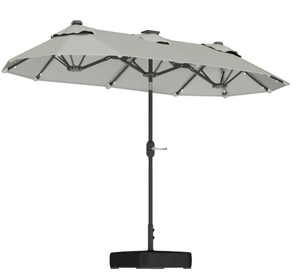 lot 244 image: Outsunny Double-sided Outdoor Patio Umbrella with Solar Lights and Base, Dining Table Umbrella Push Button Tilt, Gray