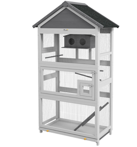 lot 15 image: PawHut Wooden Bird Aviary with Slide-Out Tray, Birdhouse, Ladder, Perches for Finches, Parakeets, Gray