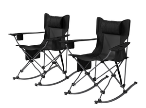 lot 22 image: Outsunny Folding Rocking Camping Chairs, Portable Chairs with Headrest, Cooler Bag, Cup Holder, Carry Bag, 2 Pack, Black 35.4 W x 35.4 D x 37.4 H