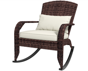 lot 23 image: Outsunny Adirondack Chair, Outdoor Wicker Rocking Chair with High Back, Seat Cushion, and Pillow for Porch, Balcony, Cream White 26 W x 35 D x 38.5 H