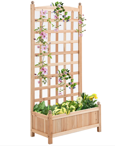 lot 24 image: Outsunny Wooden Raised Garden Bed with Trellis, Outdoor Planter Box with Drainage Crevices for Climbing Vine Plants Flowers, 24 x 12 x 49