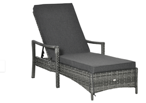 lot 77 image: Outsunny Wicker Chaise Lounge, 4 Position Adjustable Backrest and Cushions Outdoor Lounge Chair PE Rattan Sun Lounger for Poolside, Balcony or Garden, Dark Grey 75.5 x 28.25 x 20.75