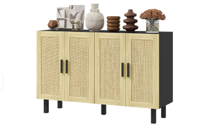 lot 81 image: HOMCOM Boho Kitchen Cabinet, Buffet Cabinet with 4 Rattan Doors and Adjustable Shelves for Dining Room, Black and Natural