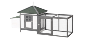 lot 82 image: PawHut 77 Wooden Chicken Coop with Nesting Box, Cute Outdoor Hen House with Removable Tray, Ramp Run, for Garden Backyard,  77.25L x 30W x 38.25H