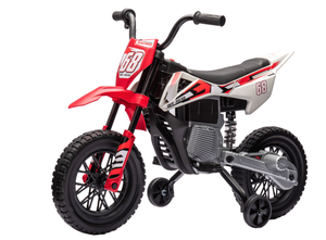 lot 85 image: Qaba 12V Kids Electric Motorcycle w Twist Grip Throttle, Training Wheels, Rear Suspension & Music, Red