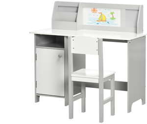 lot 86 image: Qaba Toddler Table and Chair Set, Kids Writing Desk Homework Table with Whiteboard, Storage Cabinet, Gray