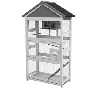 lot 31 image: PawHut Wooden Bird Aviary with Slide-Out Tray, Birdhouse, Ladder, Perches for Finches, Parakeets, Gray