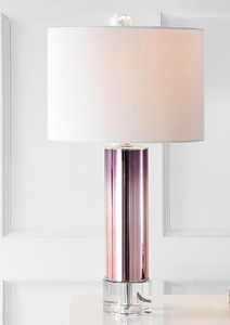 lot 90 image: JONATHAN Y Edward GlassCrystal Contemporary Transitional 27-in Rose Gold LED Rotary socket Table Lamp with Linen Shade