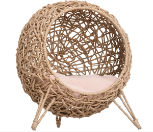 lot 96 image: PawHut 20.5 Weaved Cat Bed, Elevated Hand-woven Braided Banana Leaf Kitten House Condo with Cushion, Beige