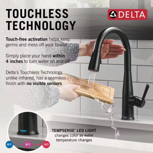 lot 7 image: Delta Essa Matte Black Kitchen Faucet with Pull Down Sprayer, Modern Single Hole Kitchen Sink Faucet, Single Handle, Matte Black 9113-BL-DST