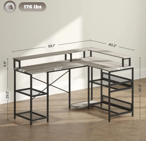 lot 34 image: HOMCOM 59 L Shaped Desk with Storage, Corner Desk with LED Lights and Power Outlets for Home Office, Small Space, Gray