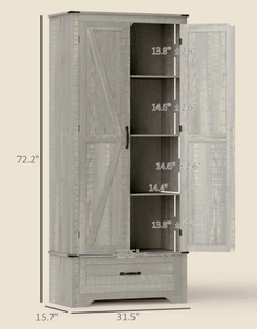 lot 49 image: HOMCOM 72 Farmhouse Pantry Cabinet with Adjustable Shelves, Kitchen Pantry Cabinet with 2 Doors, Distressed Light Gray
