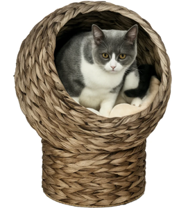 lot 311 image: PawHut Handwoven Elevated Cat Bed with Soft Cushion & Egg Chair Shape, Basket Bed Kitty House with Stand, Raised Wicker House for Indoor Cats, 20 H, Gray