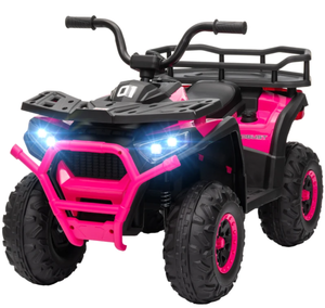 lot 328 image: Qaba 12V Kids ATV, 4 Wheeler Quad w 4 Spring Suspension Wheels, LED Lights, Music USB, Pink (Used, Not Tested)