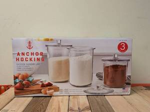 lot 59 image: ANCHOR HOCKING GOODE SUNDRY JAR GLASS STORAGE 3PK.