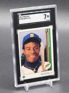 lot 153 image: 1989 Upper Deck Ken Griffey Jr Rookie Baseball Card #1 SGC 7