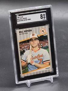 lot 182 image: 1989 Fleer Billy Ripken Black Box on Bat Baseball Card #616 SGC 8