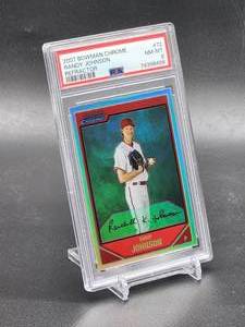 lot 41 image: 2007 Bowman Chrome Refractor Randy Johnson Baseball Card #72 PSA 8