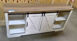 lot 41 image: White and Wood Top Farmhouse TV Stand with Sliding Barn Doors