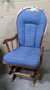 lot 53 image: Wooden Glider Rocking Chair with Blue patterned cushion