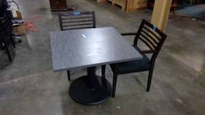 lot 76 image: 3x3 Grey laminate table with metal pedastal base and pair of matching solid wood chairs