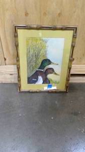 lot 101 image: Bamboo style framed and matted Mallard Duck painting 20x14
