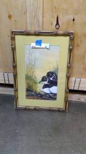 lot 102 image: Bamboo style framed and matted Wood Duck painting 14x20