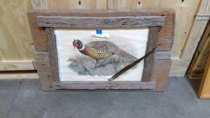 lot 112 image: Rustic Reclaimed Wood framed lithographed pheasant 36x25
