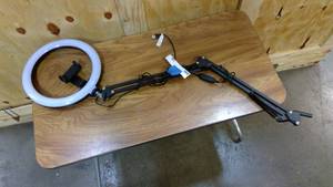 lot 148 image: Overhead Ring light with adjustable scissor arm and phone mount clamp