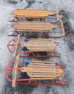 lot 304 image: Group of 4 Vintage Wooden Snow Sleds