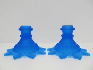 lot 255 image: Pair of Westmoreland Blue Mist Glass Candle Stands &amp Viking Glass Blue Diamond Point Fairy Lamp etc