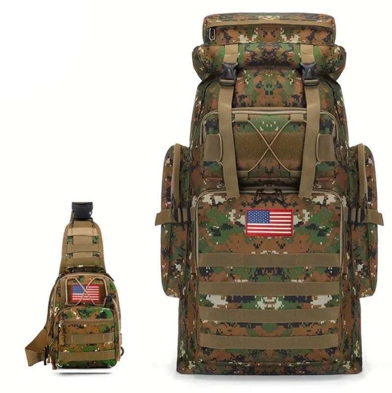 lot 6W image: Tactical Hiking Utility Backpack with Crossbody Bag, Camouflage - Brand New