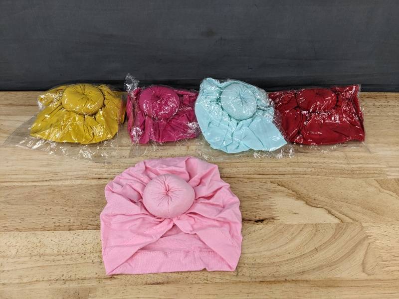 lot 90N image: 5 Pack Baby Turban Hats Donut Caps, Assorted Colors - Brand New
