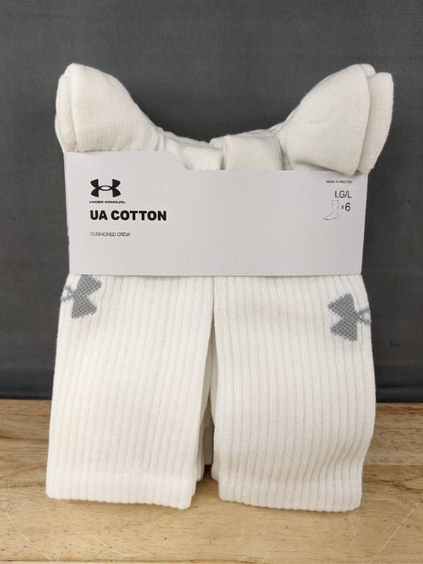 lot 77H image: 6 Pairs Under Armour UA Cotton Cushioned Crew Socks White Large - Brand New