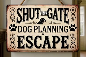 lot 173P image: Shut The Gate Dog Planning Escape 8 x 12 Metal Sign - Brand New