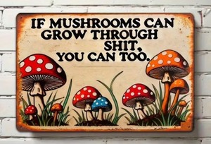 lot 244P image: If Mushrooms Can Grow Through Shit, You Can Too 8 x 12 Metal Sign - Brand New