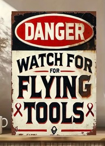 lot 203P image: DANGER Watch For Flying Tools 8 x 12 Metal Sign - Brand New