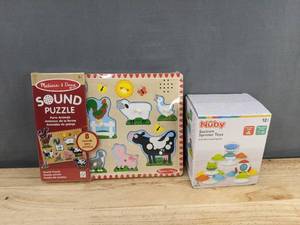 lot 266A image: Melissa &amp Doug Sound Puzzle Farm Animals &amp Nuby Suction Spinner Toys - Brand New&nbspT