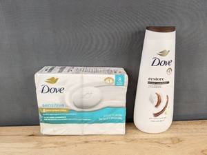 lot 343P image: Dove Sensitive Beauty 8 Pack Bars, Dove Restore Coconut & Cocoa Butter Body Wash - Brand New